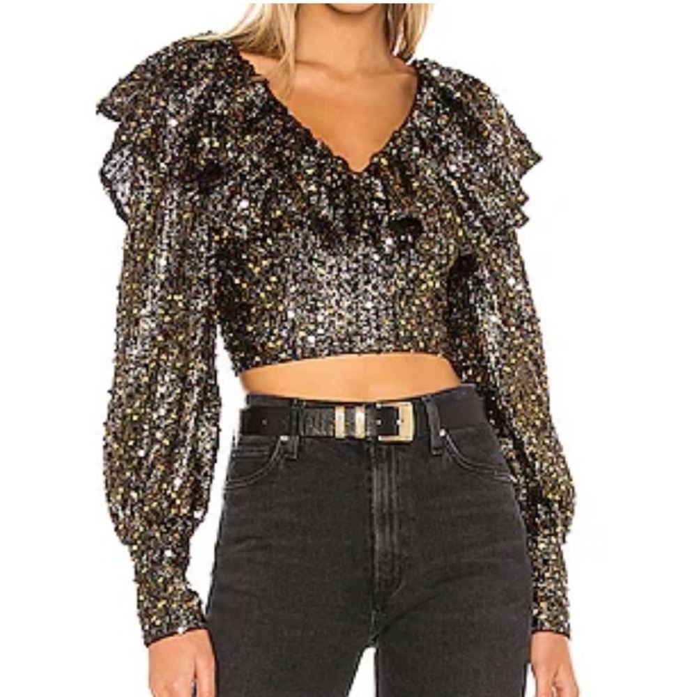Tularosa Presley Sequined Crop Top Gold Black Ruffle V-Neck Long Sleeve NWT M